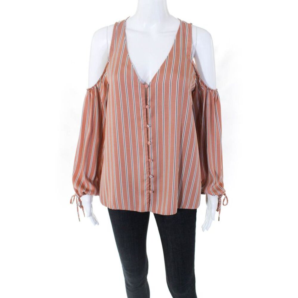 L Academie Womens Striped Cold Shoulder Top Beige White Extra Small 10656571